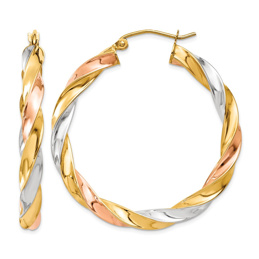 14k Tri-color Light Twisted Hoop Earrings, 34 x 4 mm