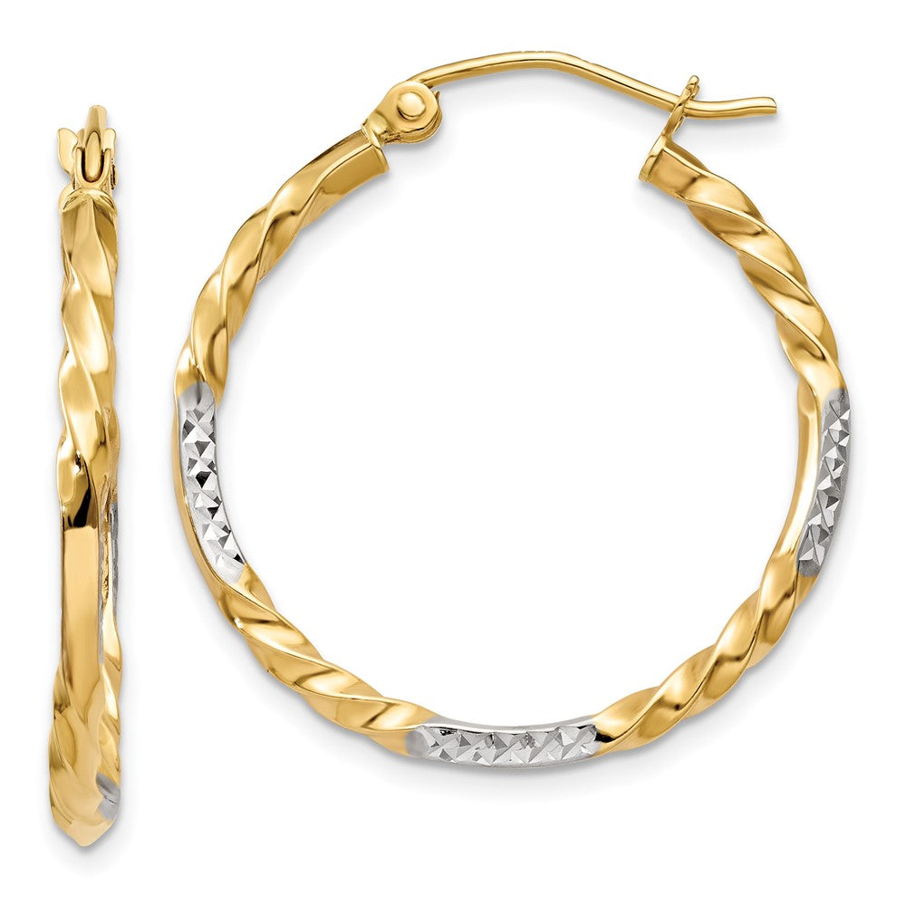 14k & Rhodium Diamond Cut Twisted Hoop Earrings, 27 x 24.5 mm