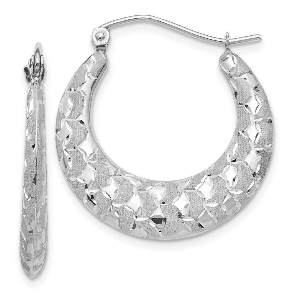 14k White Gold Satin and Diamond-cut Hoop Earrings, 26 x 3.5 mm