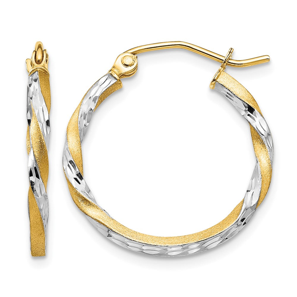14k & Rhodium Satin Diamond Cut Twisted Hoop Earrings, 20 x 2 mm