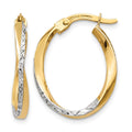 14K w/White Rhodium Textured and Polished Oval Hoop Earrings, 17 x 2 mm