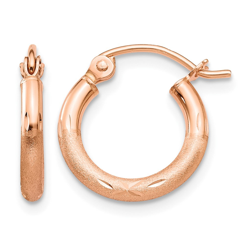 14k Rose Gold 2x13mm Lightweight Satin Diamond-cut Tube Hoop Earrings, 13 x 2 mm
