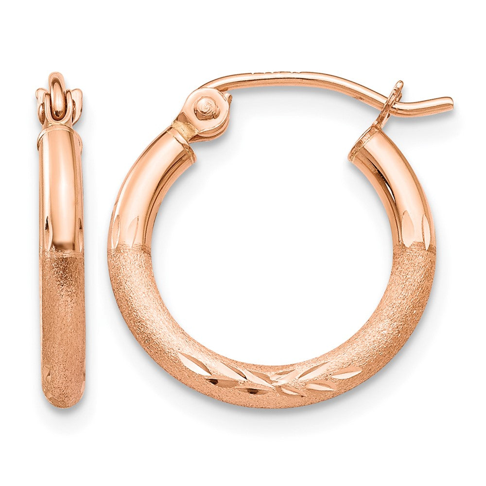 14k Rose Gold 2x15mm Lightweight Satin Diamond-cut Tube Hoop Earrings, 15 x 2 mm