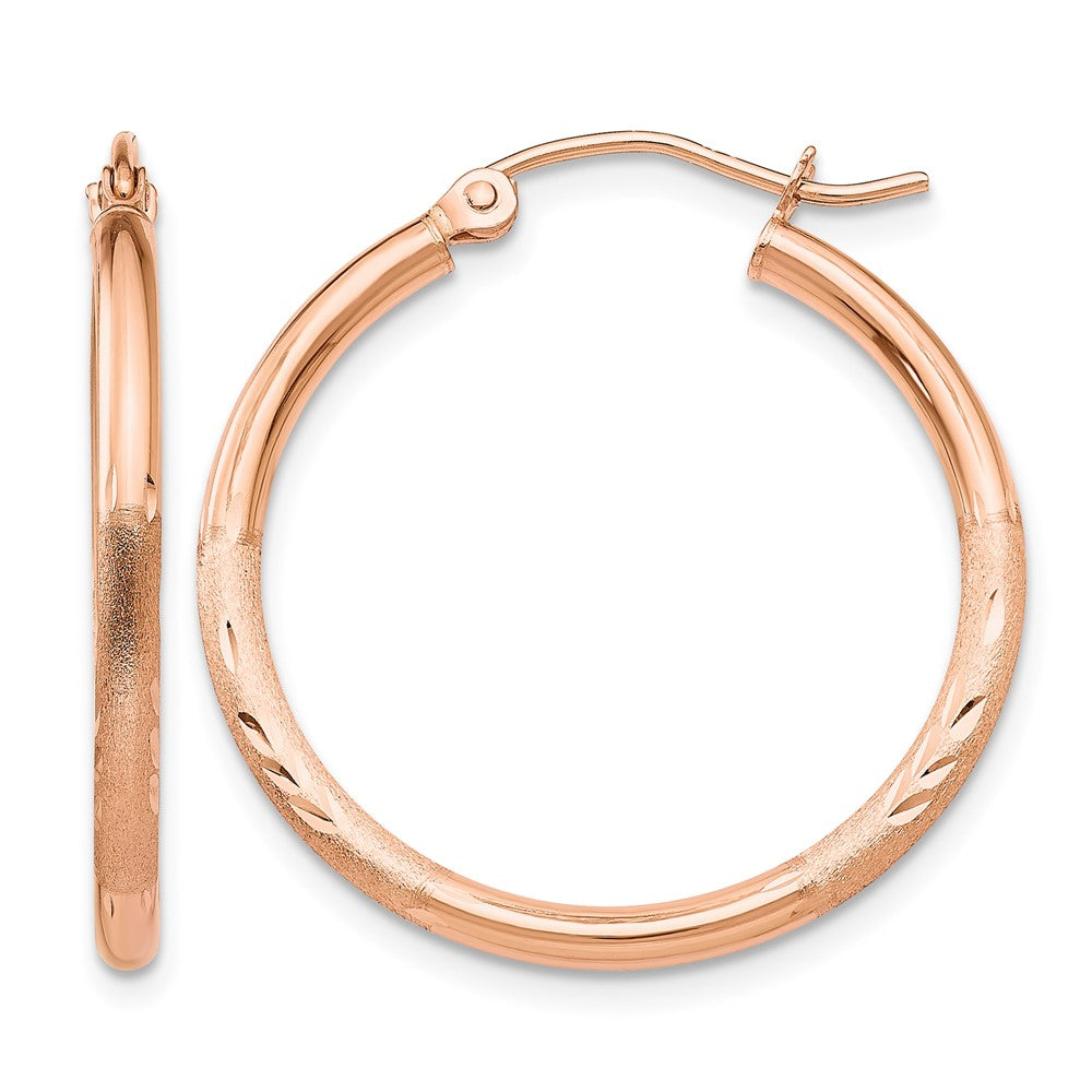 14k Rose Gold 2x25mm Lightweight Satin Diamond-cut Tube Hoop Earrings, 25 x 2 mm
