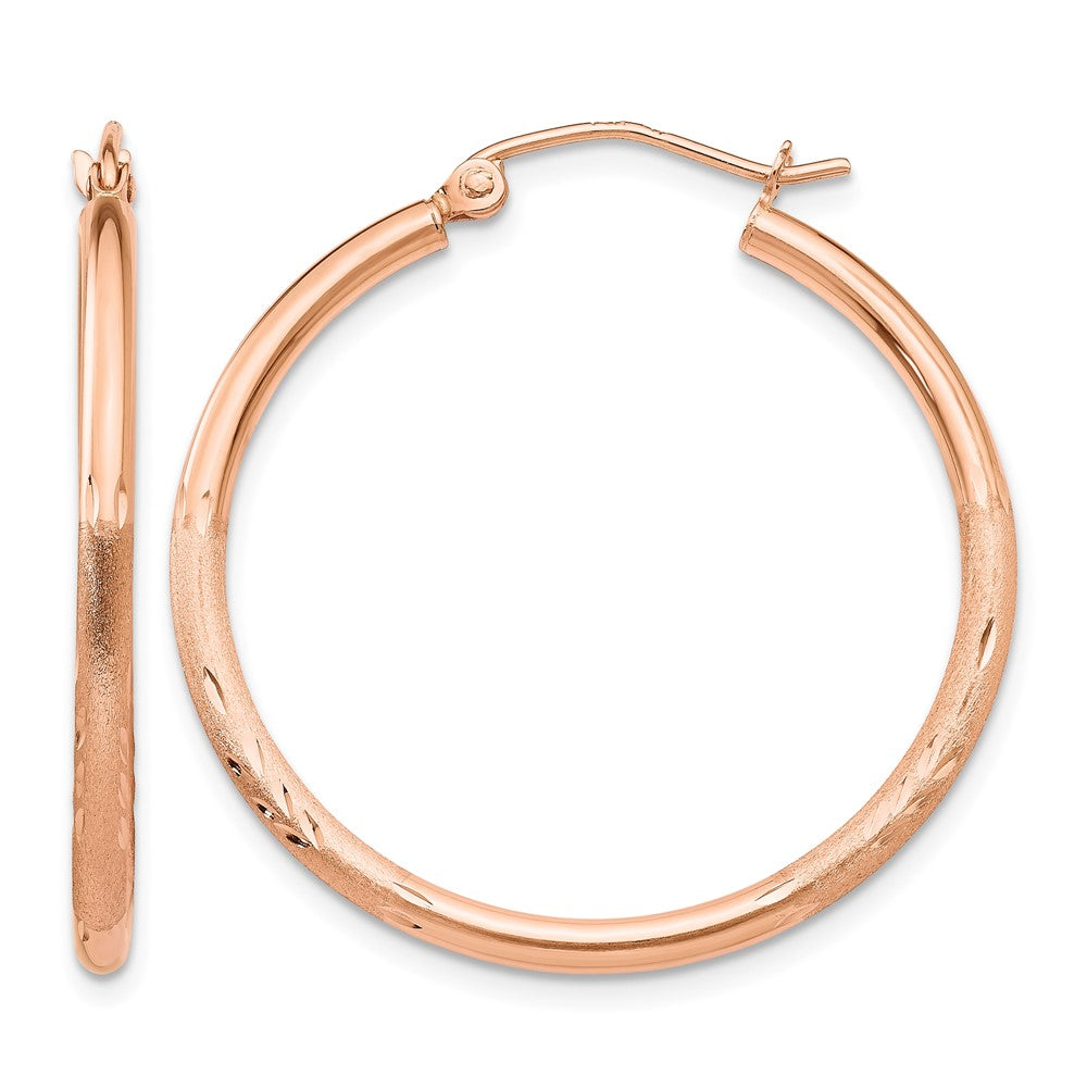 14k Rose Gold 2x30mm Lightweight Satin Diamond-cut Tube Hoop Earrings, 30 x 2 mm