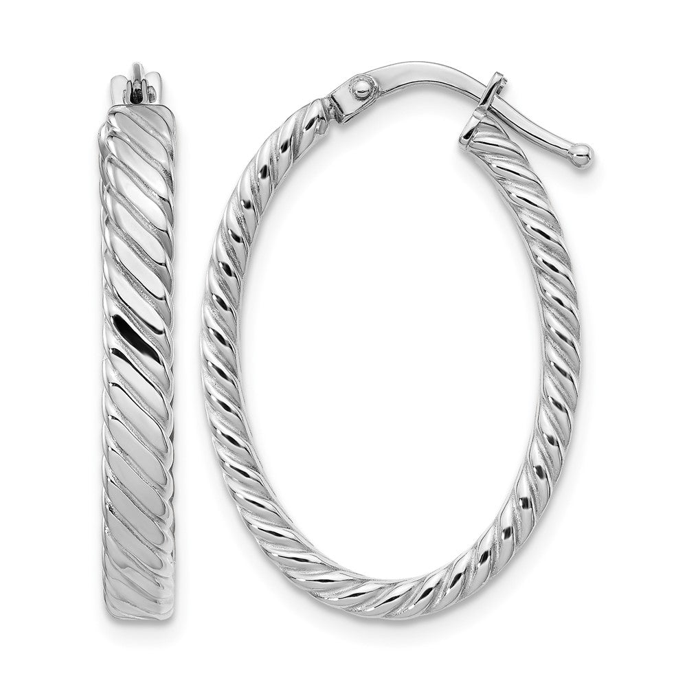 14K White Gold Large 3mm Patterned Oval Hoop Earrings, 27.25 x 19 mm