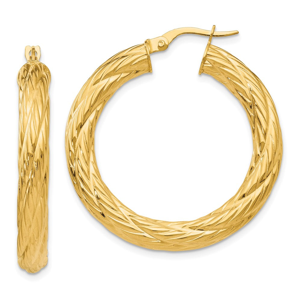 14k Textured Tube Hoop Earrings, 37 x 4.5 mm