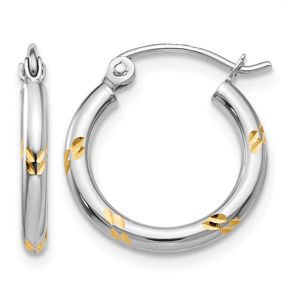 14k White Gold and Yellow Rhodium D/C Hoop Earrings, 12 x 2 mm