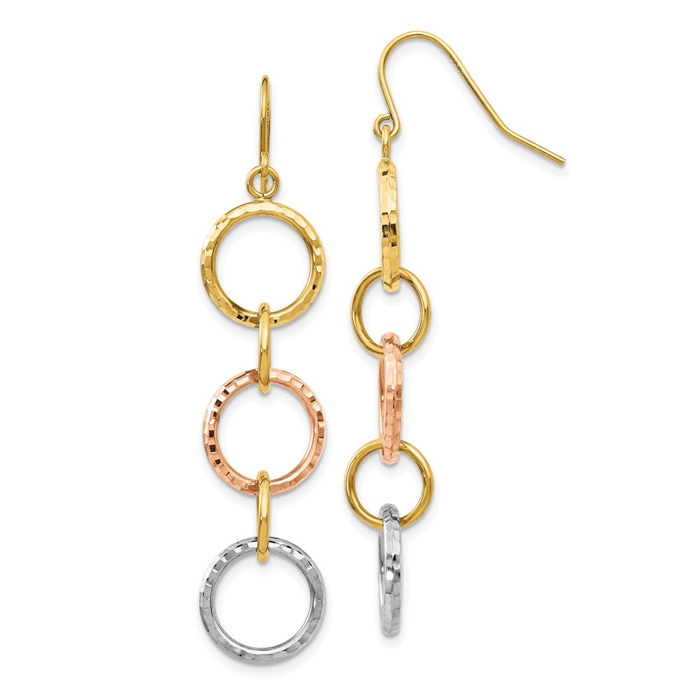 14k Tri-Color Diamond-Cut Circles Dangle French Hook Earrings, 59 x 11 mm