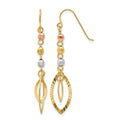 14K Tri-Color Diamond-cut Bead Oval Dangle French Hook Earrings, 38 x 8 mm