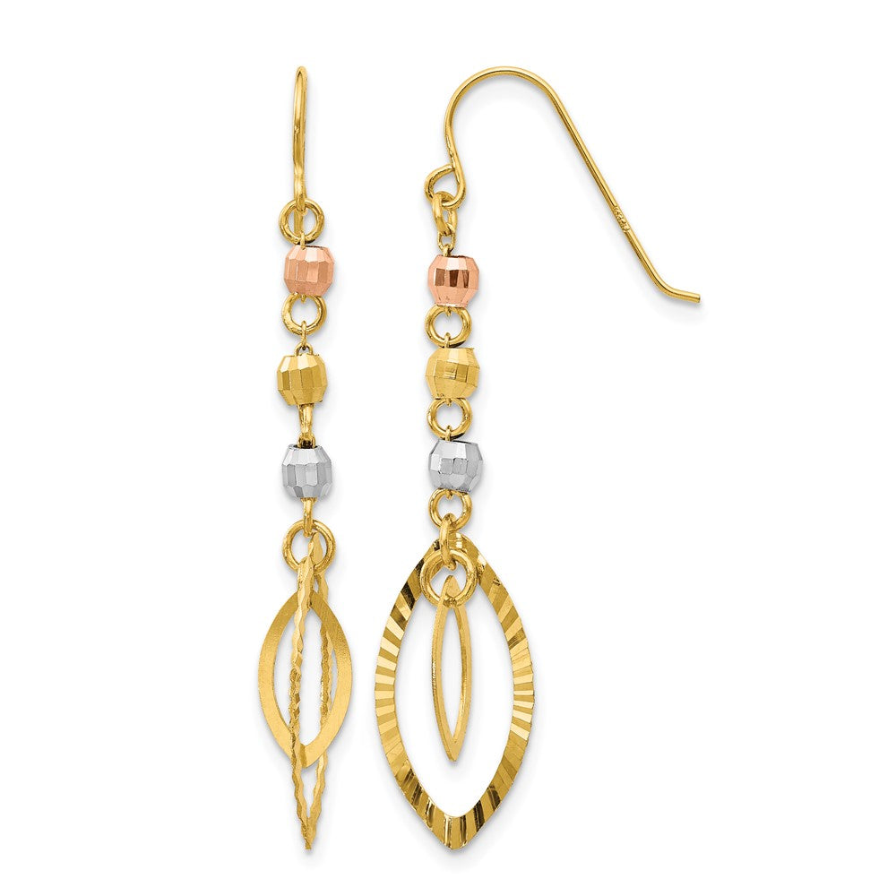 14K Tri-Color Diamond-cut Bead Oval Dangle French Hook Earrings, 38 x 8 mm