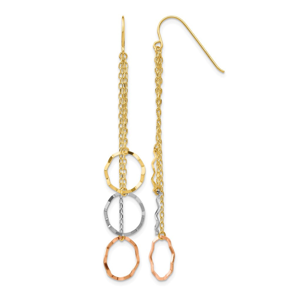 14K Tri-Color Faceted Circles and Chain Dangle French Hook Earrings, 63 x 10 mm