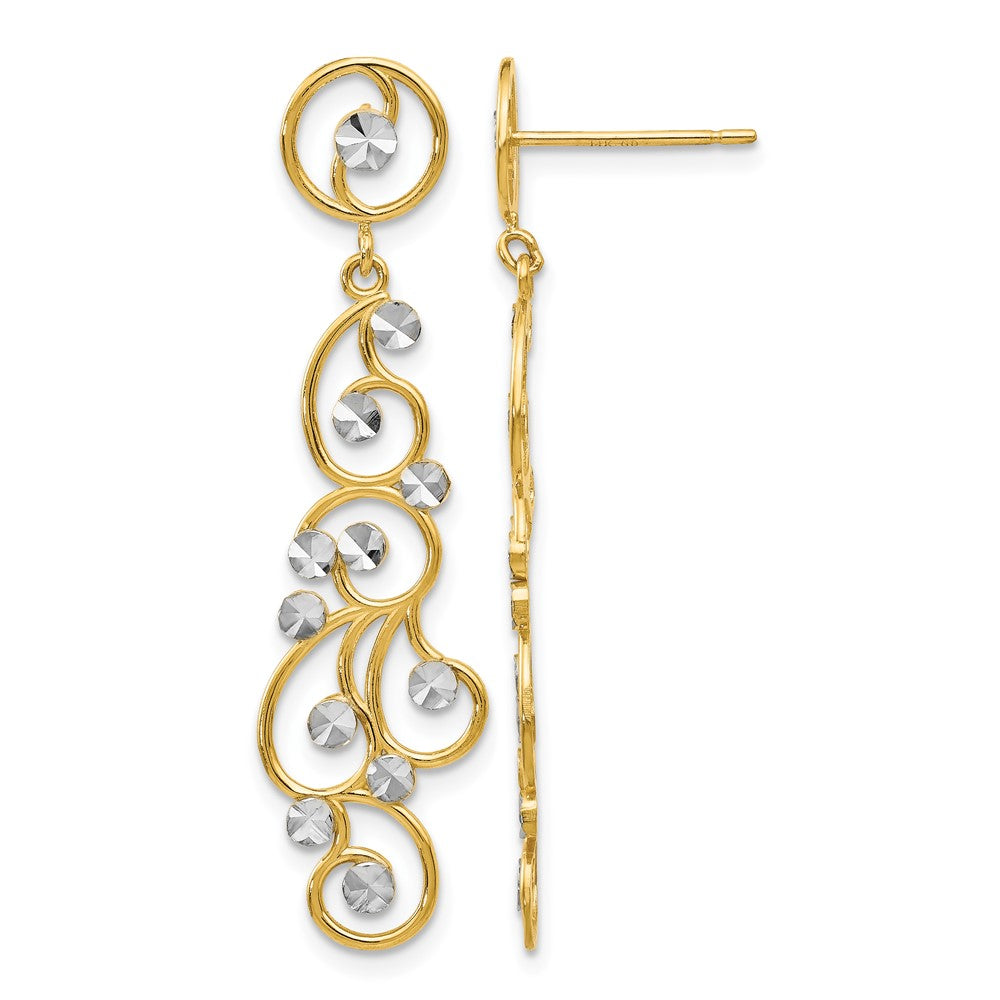 14k and White Rhodium Filigree Dangle Post Earrings, 41 x 10 mm