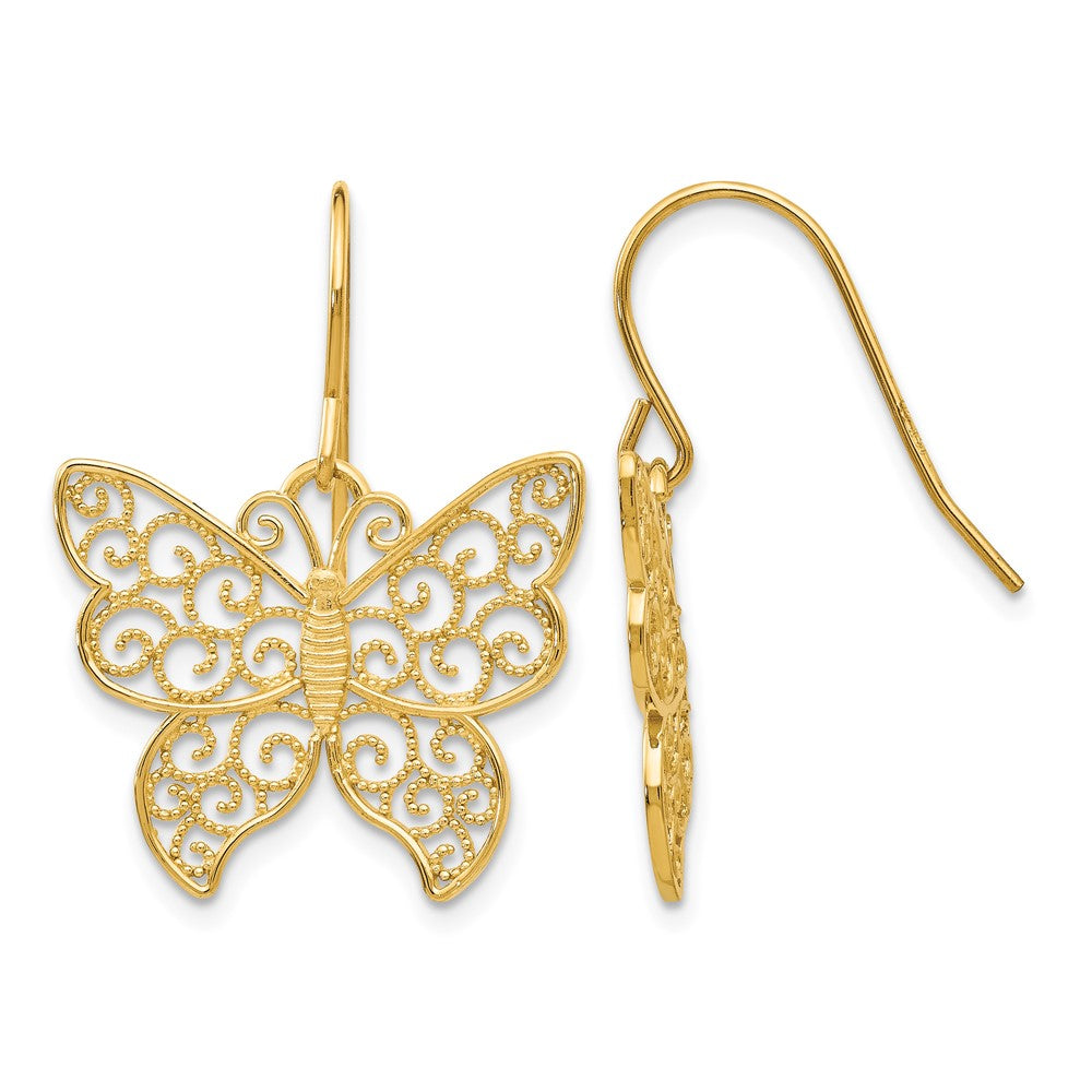 14K Large Filigree Butterfly Dangle French Hook Earrings, 25 x 18 mm