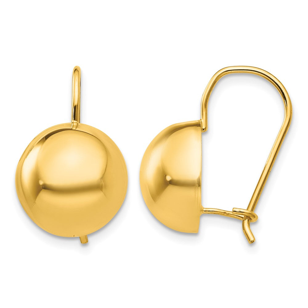 14k 12.00mm Hollow Half Ball Kidney Wire Earrings, 19 x 12 mm
