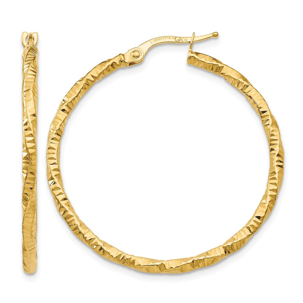 14K Polished and Textured Hoop Earrings, 35 x 2 mm