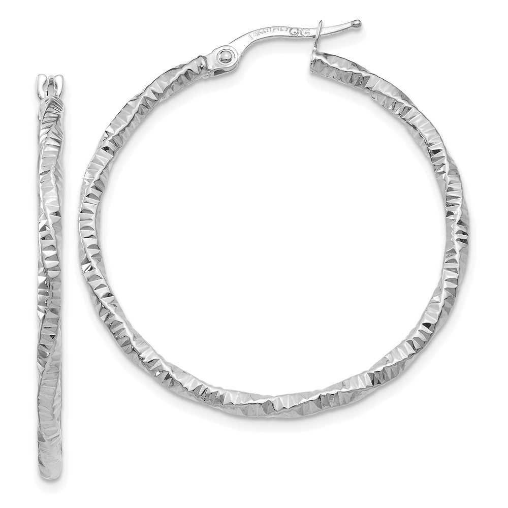 14K White Gold Polished and Textured Hoop Earrings, 35 x 2 mm