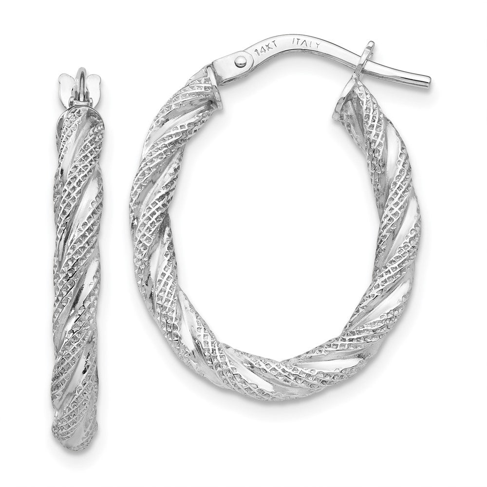 14K White Gold Twisted Textured Oval Hoop Earrings, 24 x 3 mm