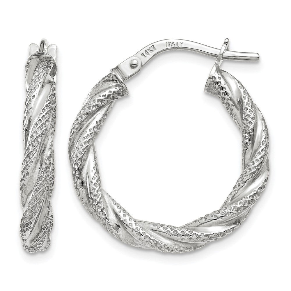 14K White Gold Twisted Textured Hoop Earrings, 20 x 3 mm