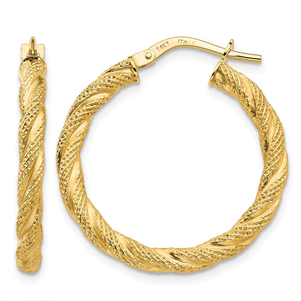 14K Twisted Textured Hoop Earrings, 26 x 3 mm