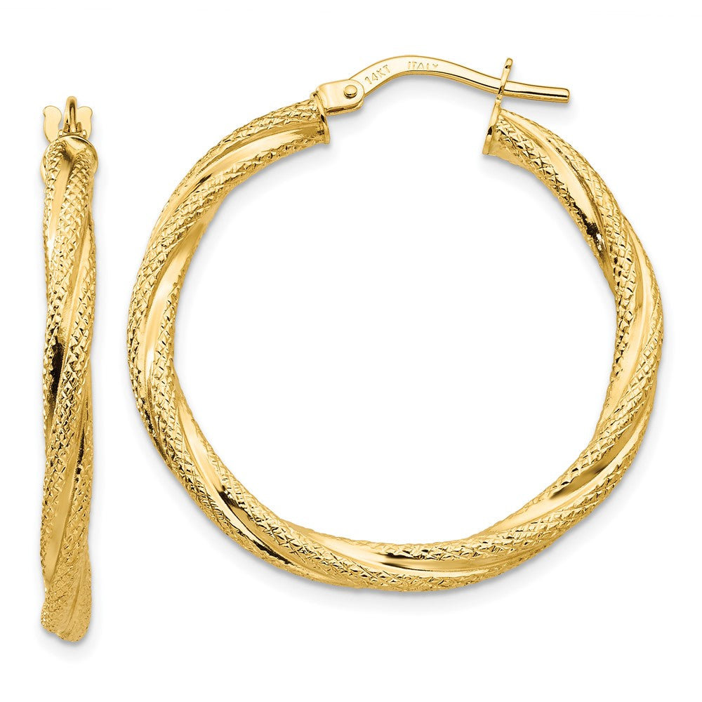 14K Twisted Textured Hoop Earrings, 32 x 3 mm