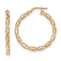 14K with White & Rose Rhodium Textured Twisted Hoop Earrings, 33 x 3 mm