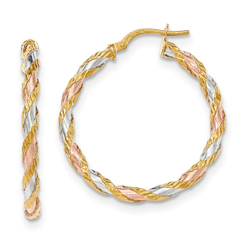 14K with White & Rose Rhodium Textured Twisted Hoop Earrings, 33 x 3 mm