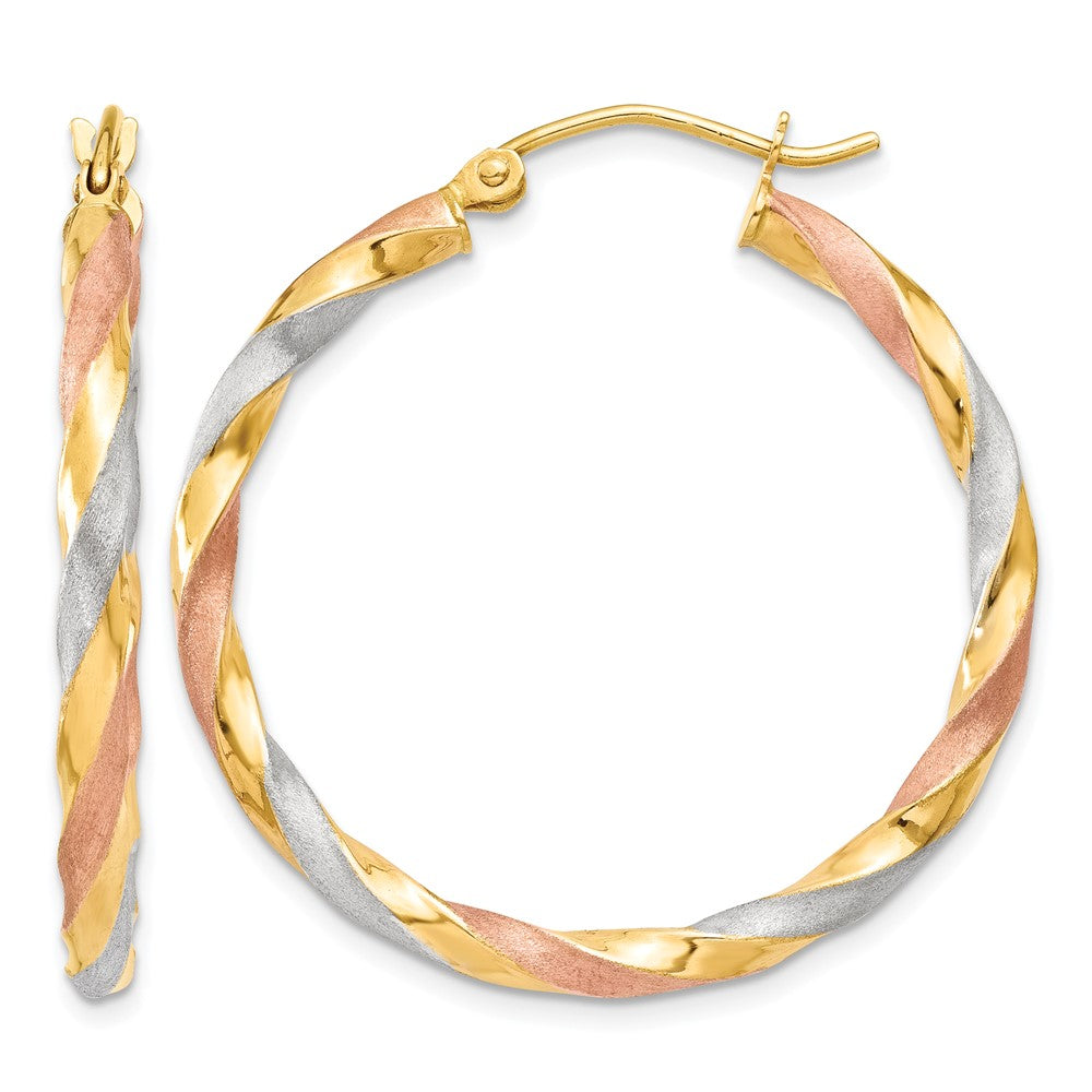 14k White & Rose Rhodium Satin Twisted Hoop Earrings, 34 x 30.5 mm