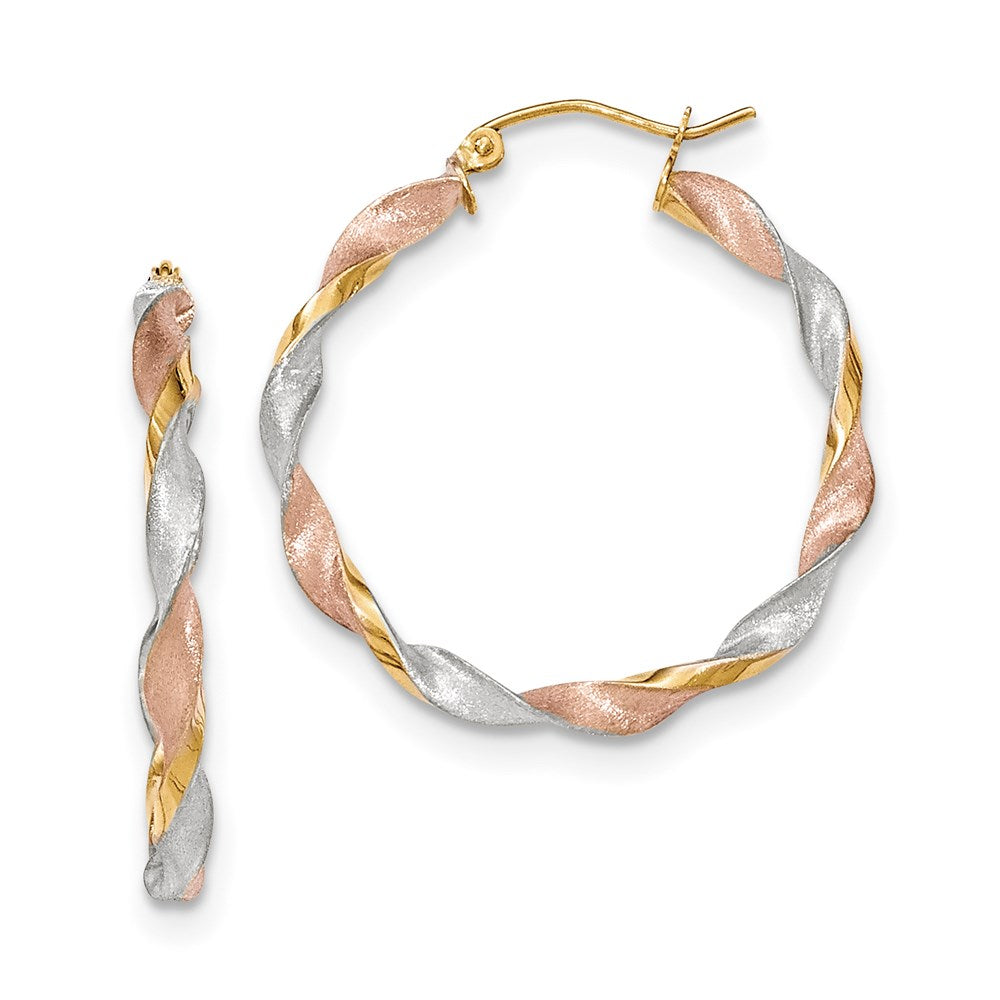 14k Tri-color Satin Twisted Hoop Earrings, 33 x 4 mm