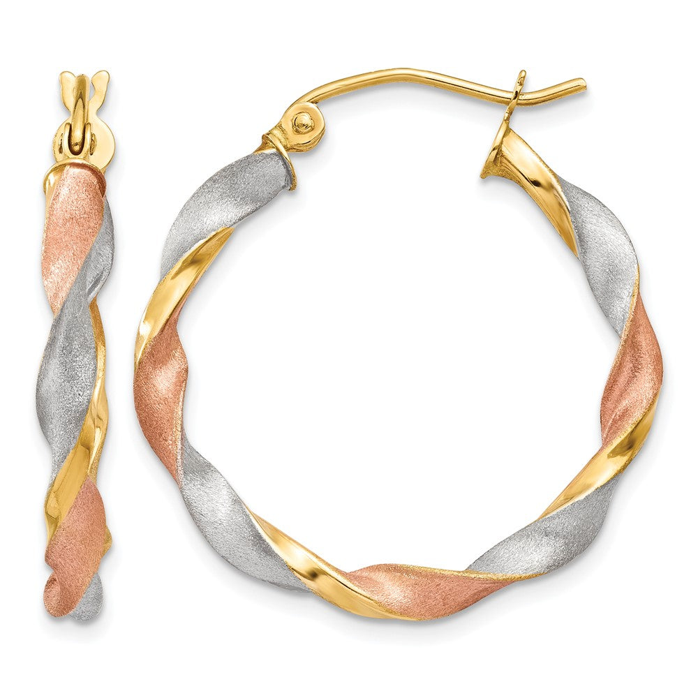 14ky White & Rose Rhodium Satin Twisted Hoop Earrings, 28 x 3 mm