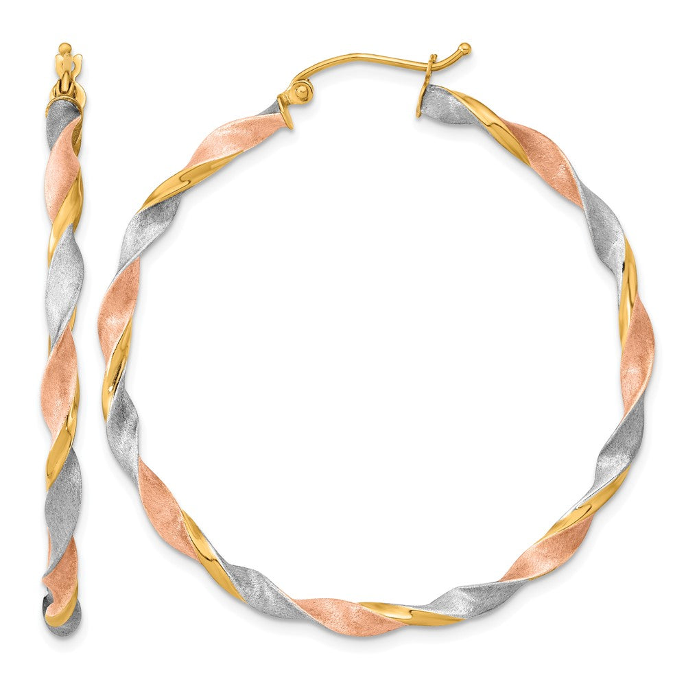 14k White & Rose Rhodium Satin Twisted Hoop Earrings, 50 x 3 mm