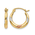 14k & White & Rose Rhodium Polished & Textured Hoop Earrings, 14 x 2 mm
