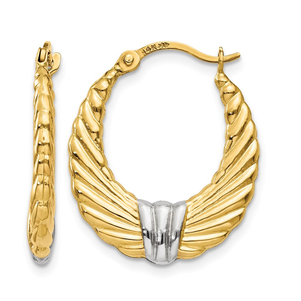 14k & Rhodium Polished and Textured Hoop Earrings, 20 x 2 mm