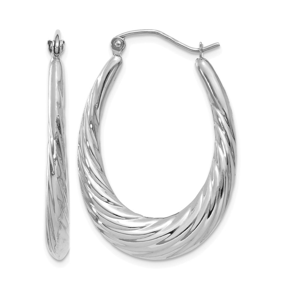 14k White Gold Polished and Textured Oval Hoop Earrings, 32 x 3.5 mm