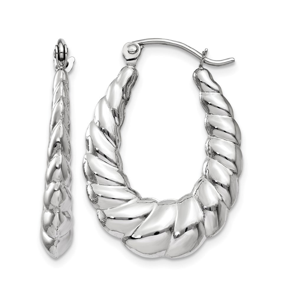 14k White Gold Polished and Textured Oval Hoop Earrings, 26 x 4 mm