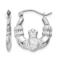 14k White Gold Satin and Diamond-cut Claddagh Hoop Earrings, 19 x 2.5 mm