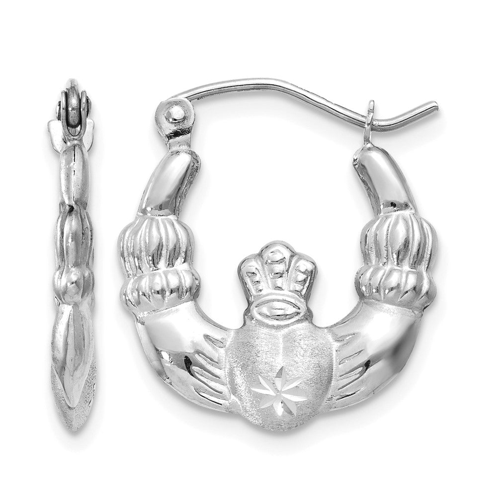 14k White Gold Satin and Diamond-cut Claddagh Hoop Earrings, 19 x 2.5 mm