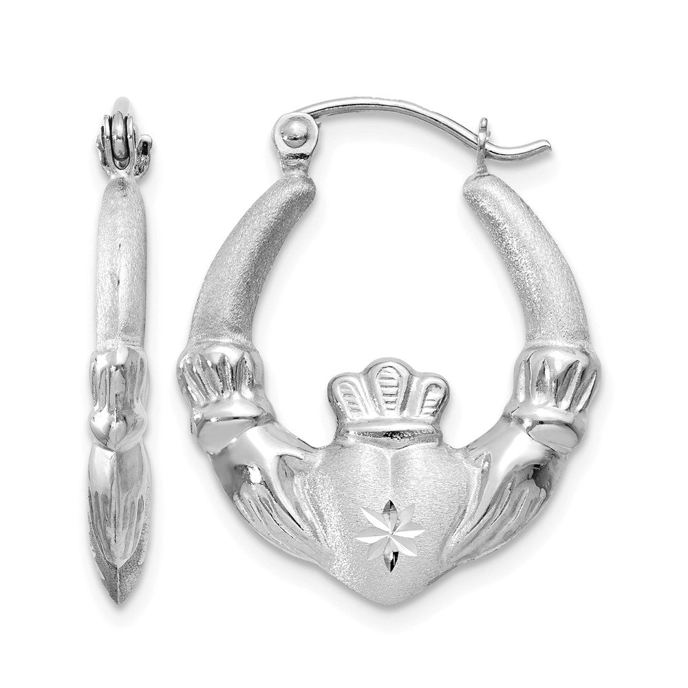 14k White Gold Satin and Diamond-cut Claddagh Hoop Earrings, 22.5 x 3.25 mm