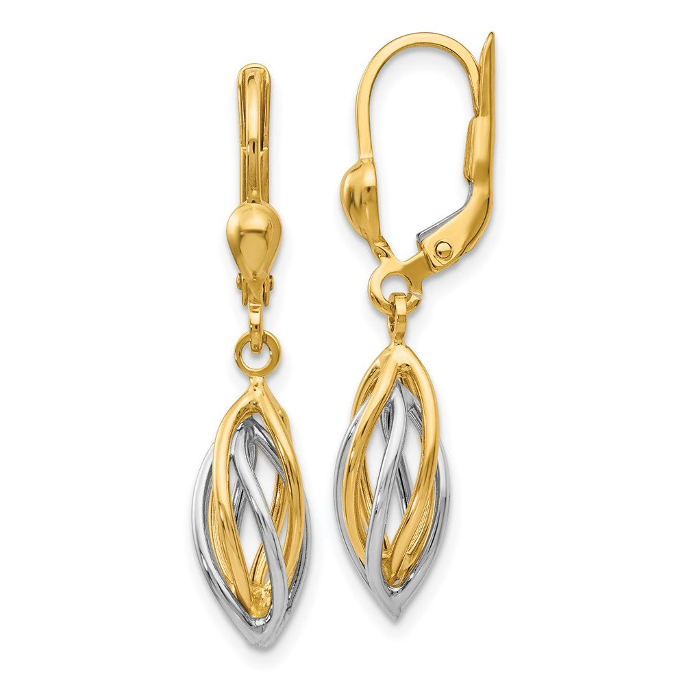 14K Two-Tone Polished Twisted Oval Dangle Leverback Earrings, 32 x 7 mm