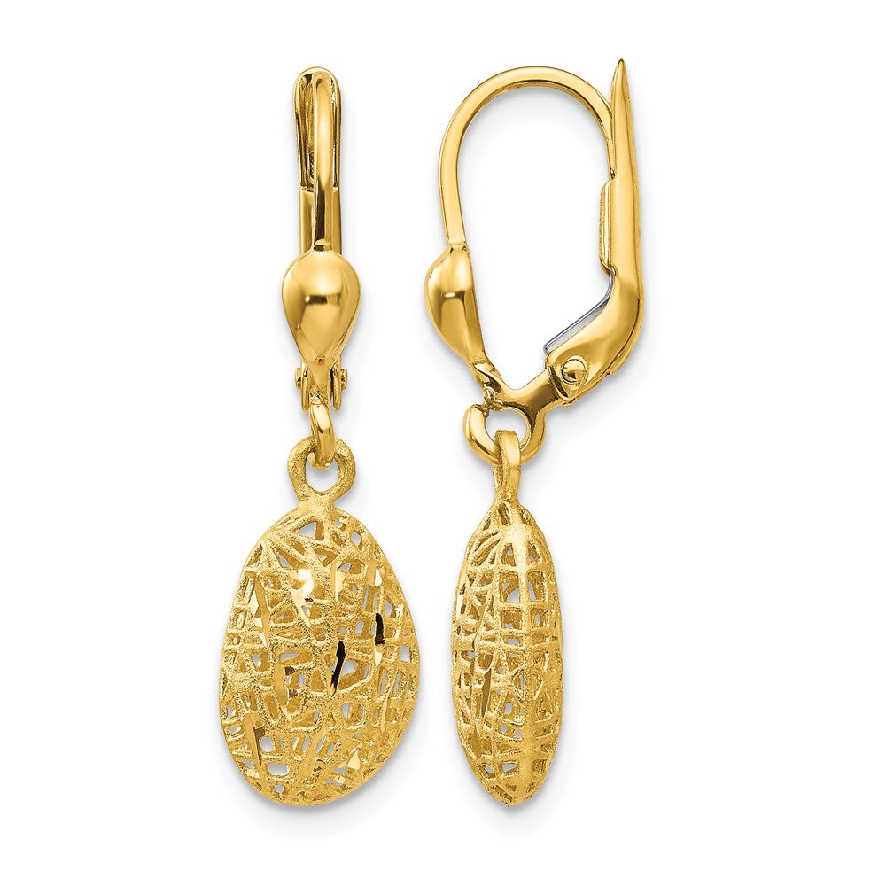 14K Polished Diamond-cut Satin Puffed Oval Dangle Leverback Earrings, 31 x 8 mm