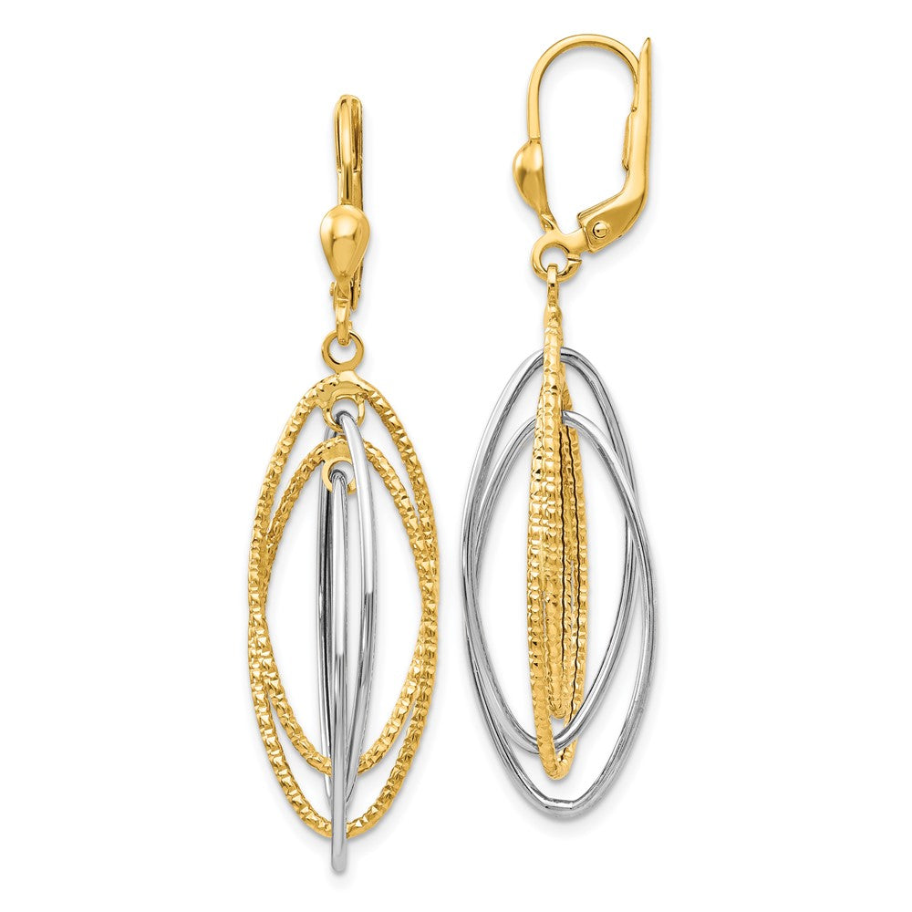 14K Two-Tone Textured and Polished Ovals Dangle Leverback Earrings, 48 x 11 mm