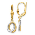14K Two-Tone Textured and Polished Ovals Dangle Leverback Earrings, 27 x 6 mm