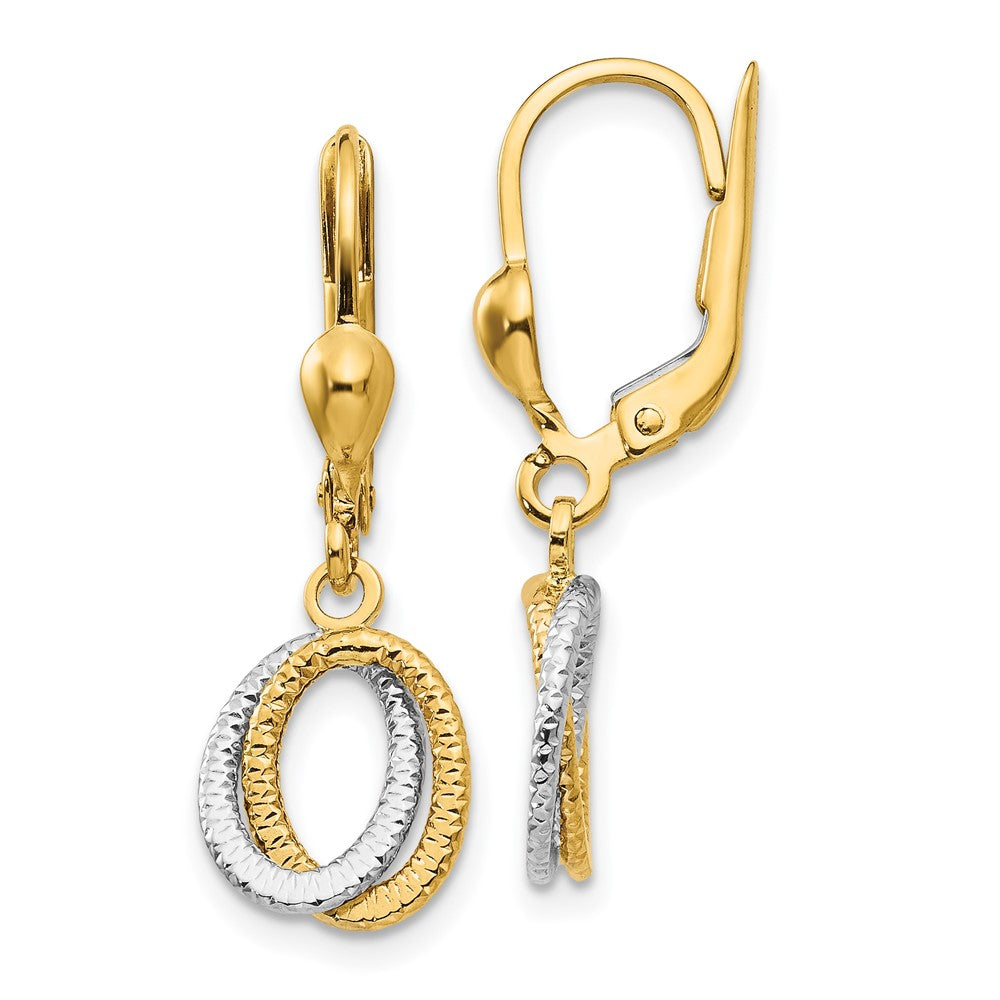 14K Two-Tone Textured and Polished Ovals Dangle Leverback Earrings, 27 x 6 mm