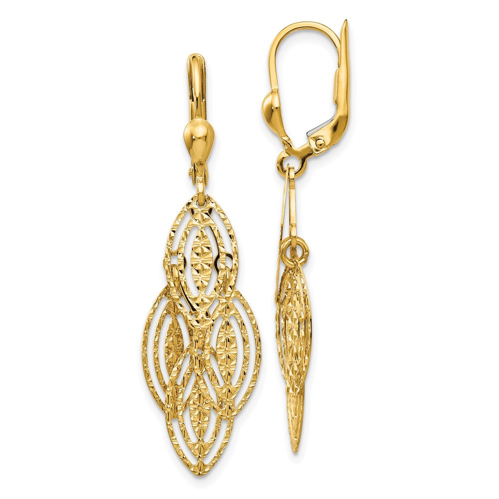 14K Fancy Textured and Polished Dangle Leverback Earrings, 41 x 13 mm