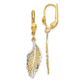 14K and White Rhodium Polished and Textured Filigree Leaf Dangle Leverback Earrings, 37 x 5 mm