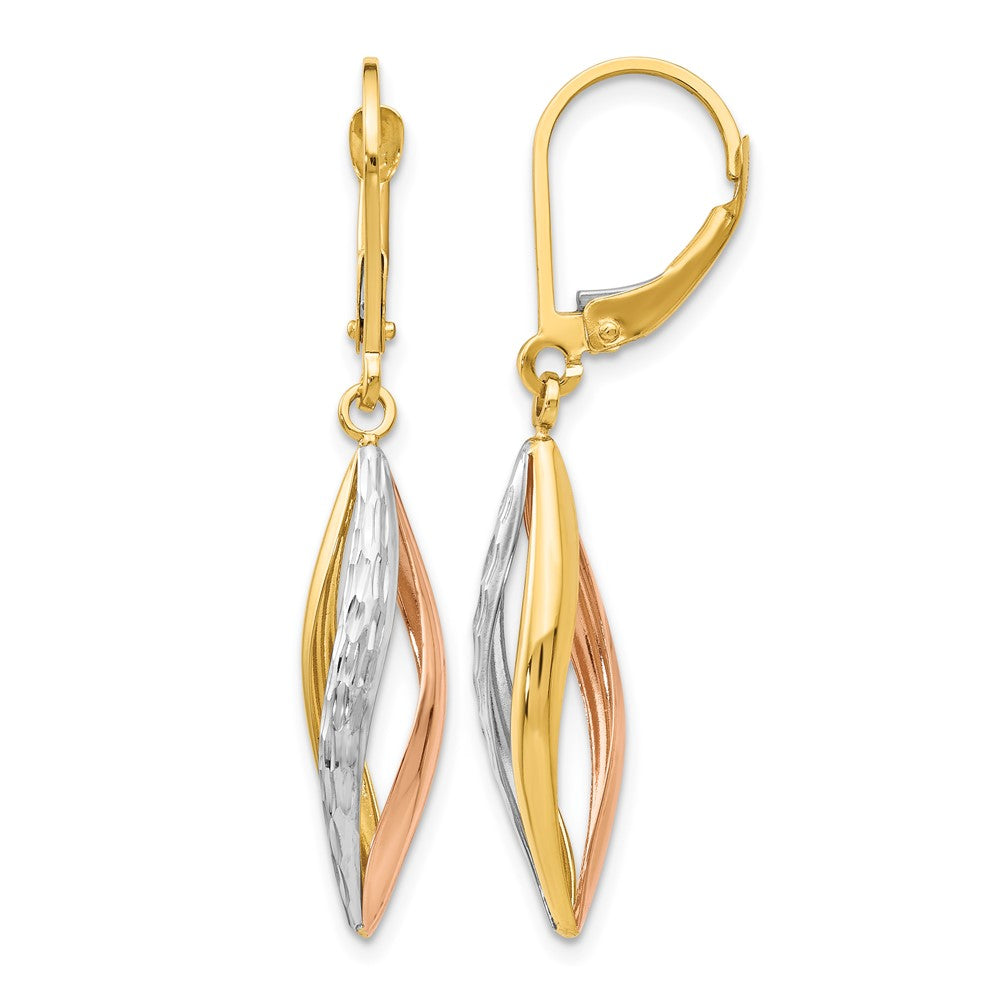 14K Two-tone with White Rhodium Diamond-cut Twist Dangle Leverback Earrings, 39 x 7 mm