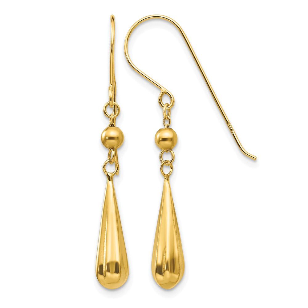14K Grooved Puffed Teardrop Dangle French Hook Earrings, 37 x 5 mm