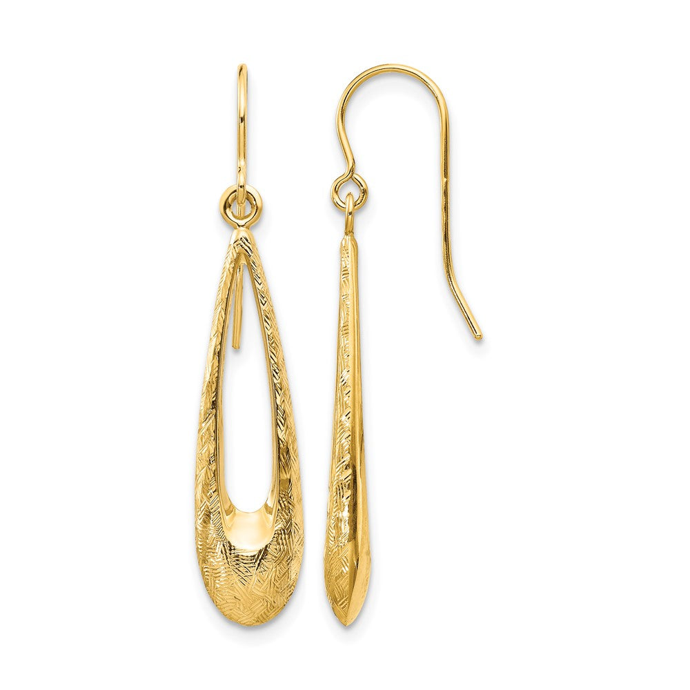 14k Polished and Textured Teardrop Dangle French Hook Earrings, 39 x 7 mm