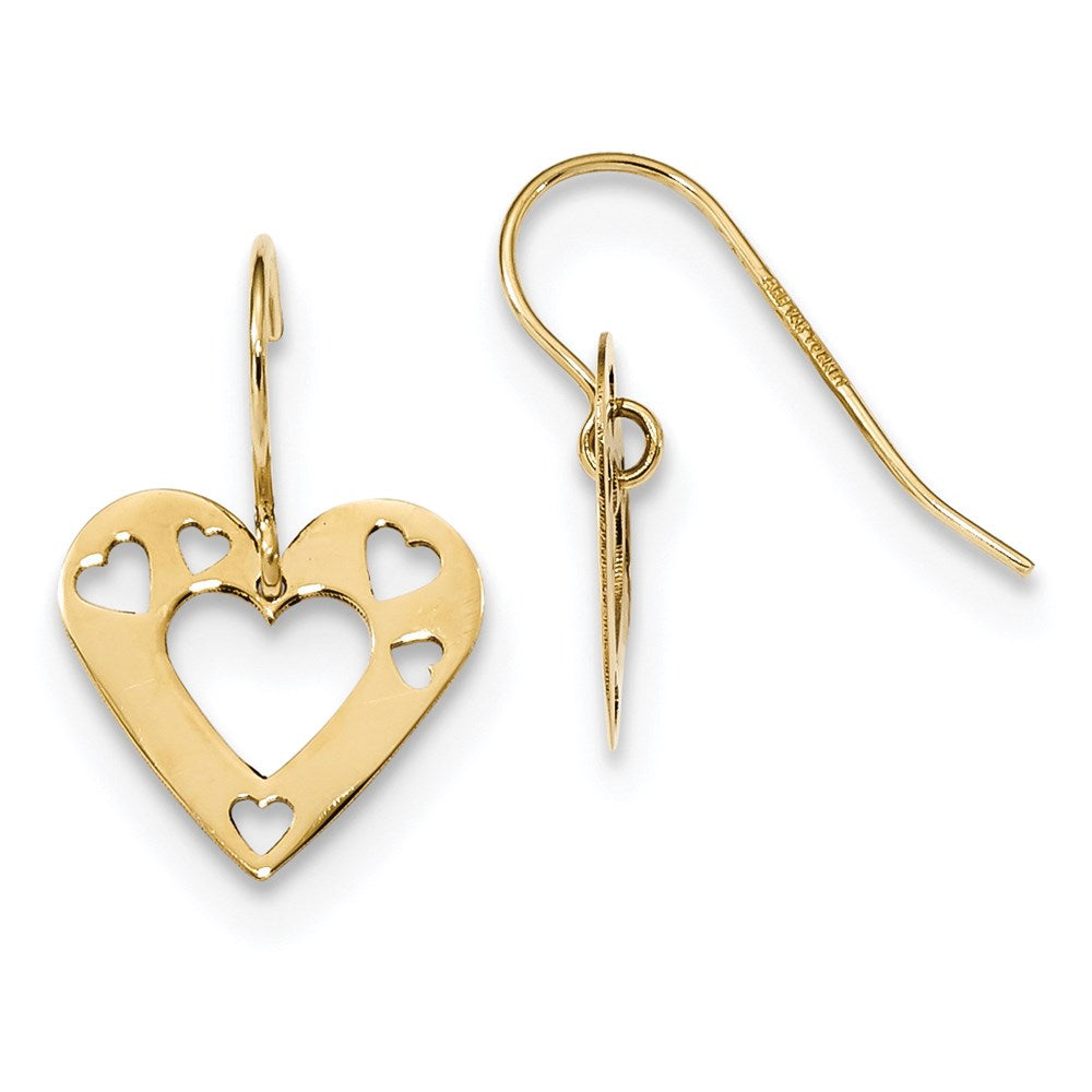14k Gold Polished Cut-out Heart Dangle Earrings, 18 x 12.85 mm