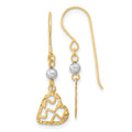 14k Two-tone Satin Diamond-cut Heart Dangle French Hook Earrings, 29 x 9.5 mm
